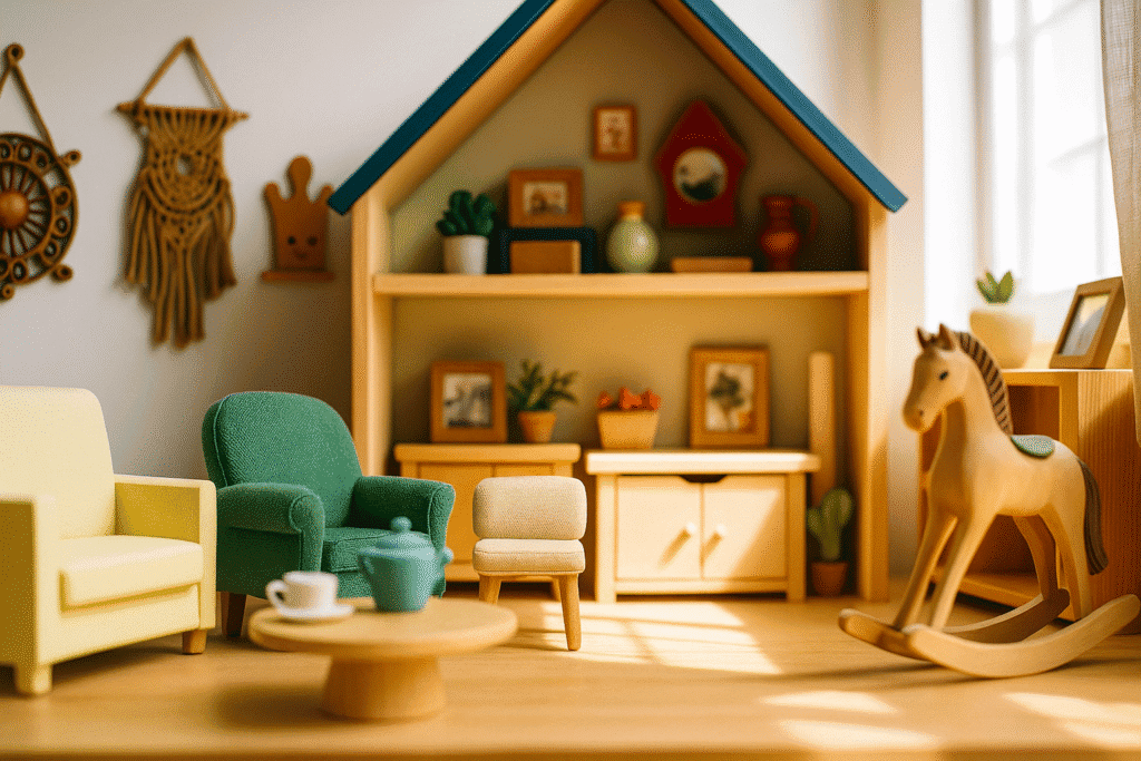 Accesorios decorativos para casas de muñecas, incluyendo muebles en miniatura, decoración de pared estilo boho y juguetes de madera.