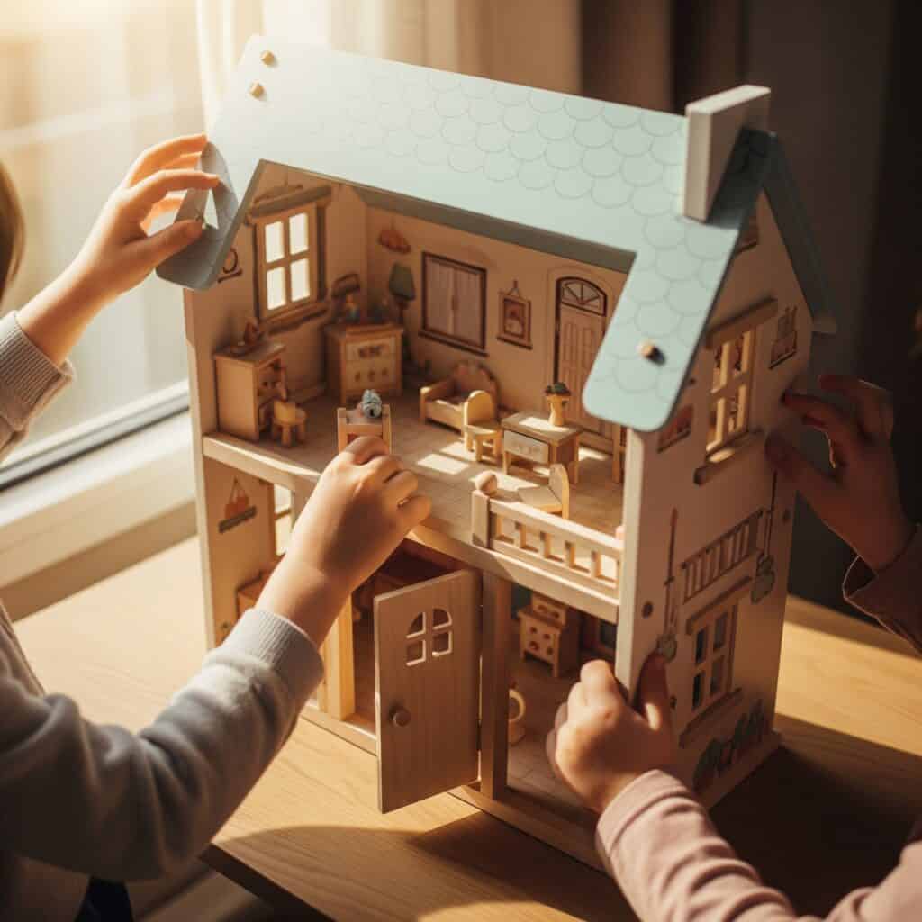Manos de niños pequeños jugando con una detallada casita de muñecas de madera en tonos pastel, sin mostrar sus rostros, enfocándose en el juego imaginativo.