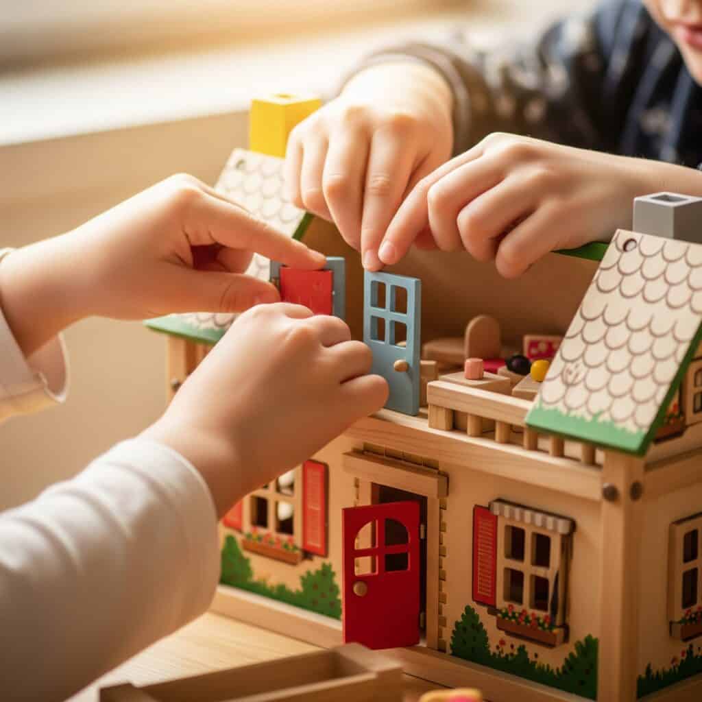 Manos de niños interactuando con una casita de muñecas de madera, mostrando juego creativo y desarrollo de habilidades, ilustrando los beneficios del juguete de madera.