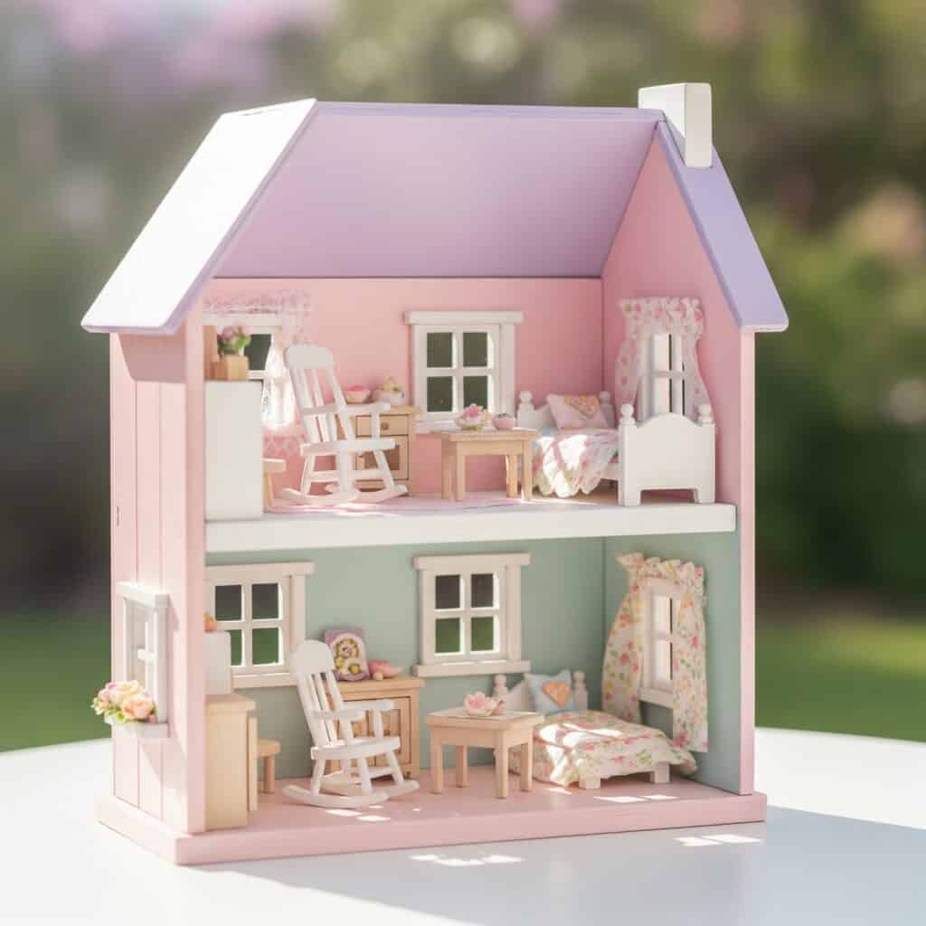 Una encantadora casita de muñecas de madera de dos pisos en tonos pastel rosa y lavanda, amueblada con sillas mecedoras y camas en miniatura, bajo la luz natural.