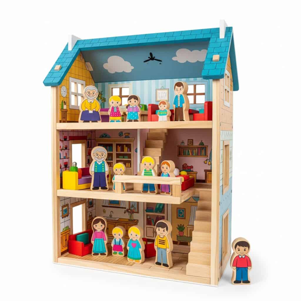 Casita de muñecas de madera diseñada para representar diferentes edades, mostrando varias generaciones de una familia.