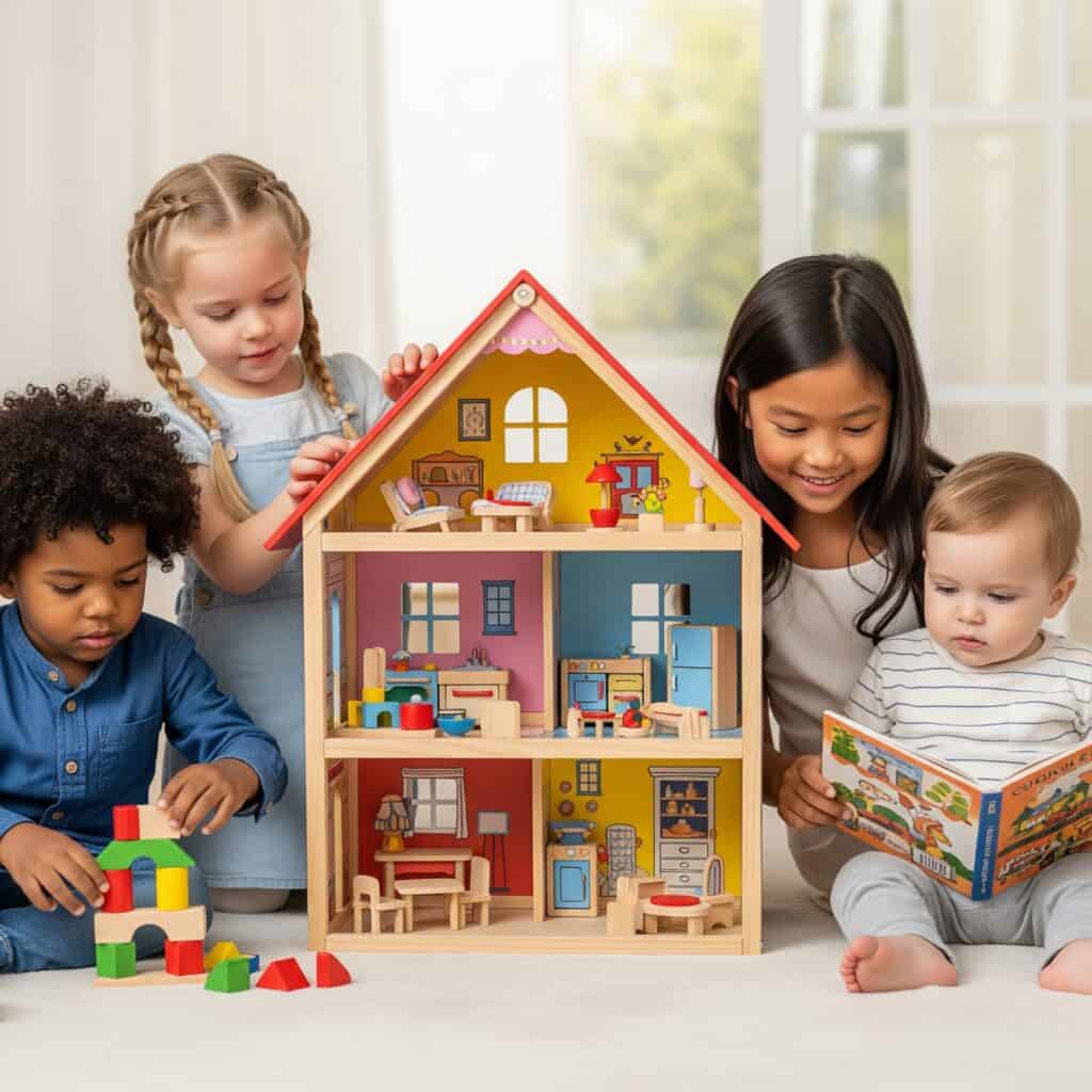Niños de diversas edades, incluyendo un niño construyendo y una niña leyendo a un bebé, jugando con una colorida casita de muñecas de madera, simbolizando los beneficios educativos y de desarrollo.